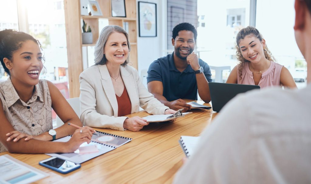 Business people in interview meeting with employee, talking with consultant and networking with int